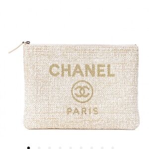 CHANEL Woven Straw Raffia Medium Deauville
Cosmetic Pouch in Ivory…lightly used